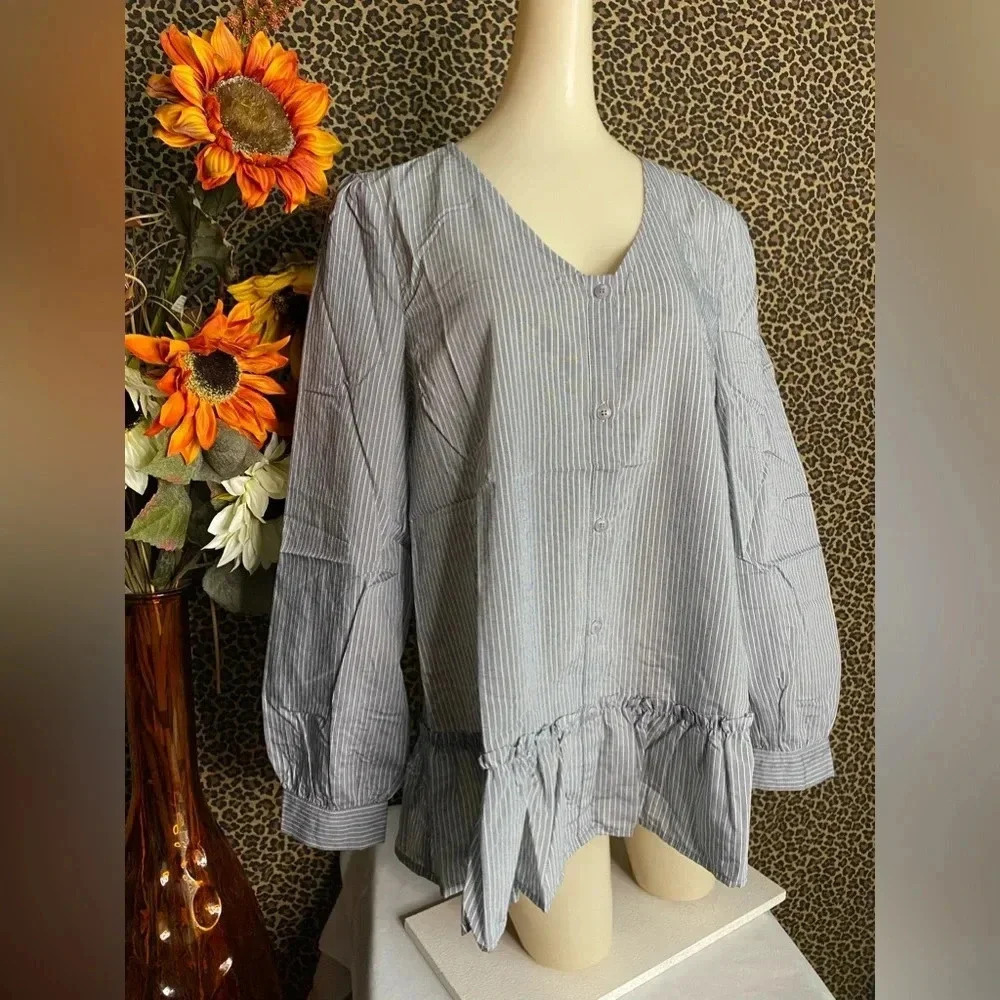 🌴3/$30🌴DOE & RAE Black Striped Button Down BabyDoll Blouse NWT - Picture 3 of 10